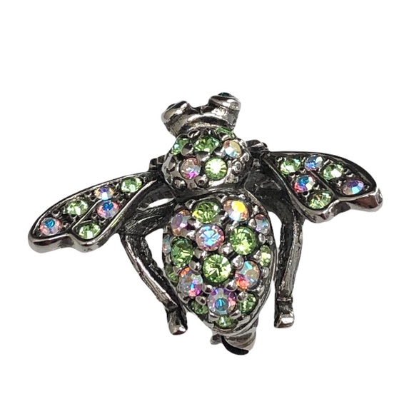JOAN RIVERS CLEAR AURORA BOREALIS & GREEN CRYSTALS SILVER TONE BUMBLEBEE BROOCH - Picture 15 of 16